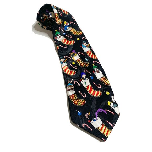 Vintage 1995 Looney Tunes Mania Black Tie Christmas Stocking Candy Canes Holiday - Picture 1 of 6